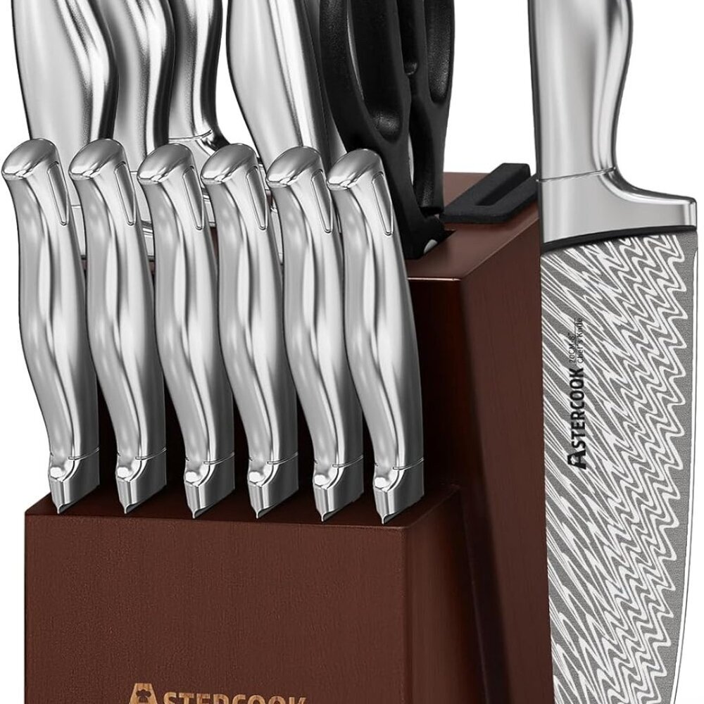 Knife Set, 15-Piece Kitchen Knife Set with Block, Built-in Knife Sharpener, Germ